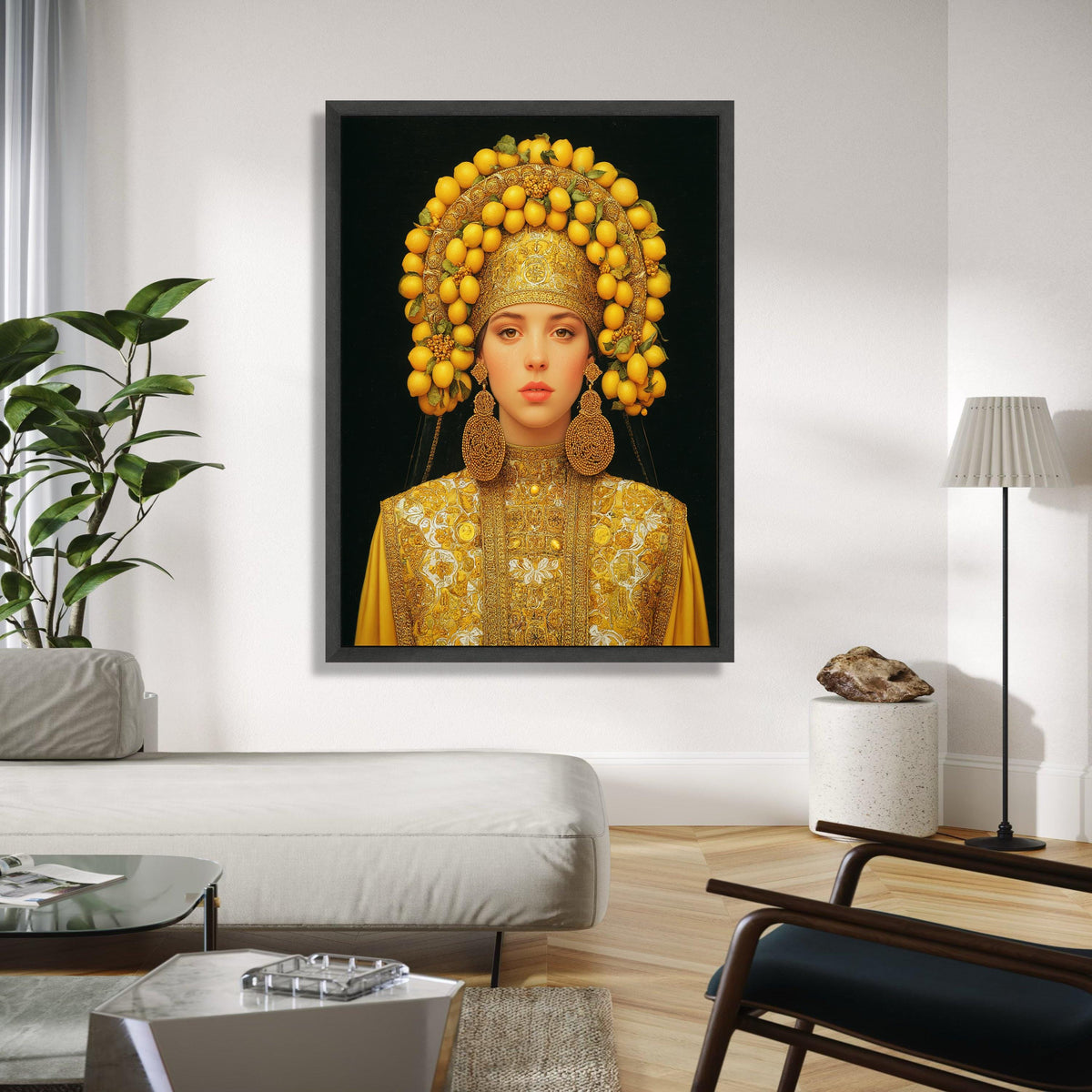 Elegant Woman in Traditional Gold Embroidered Dress with Lemon Headdress Canvas, Cultural Portrait Wall Art, Gift Art, Home Decor, Print