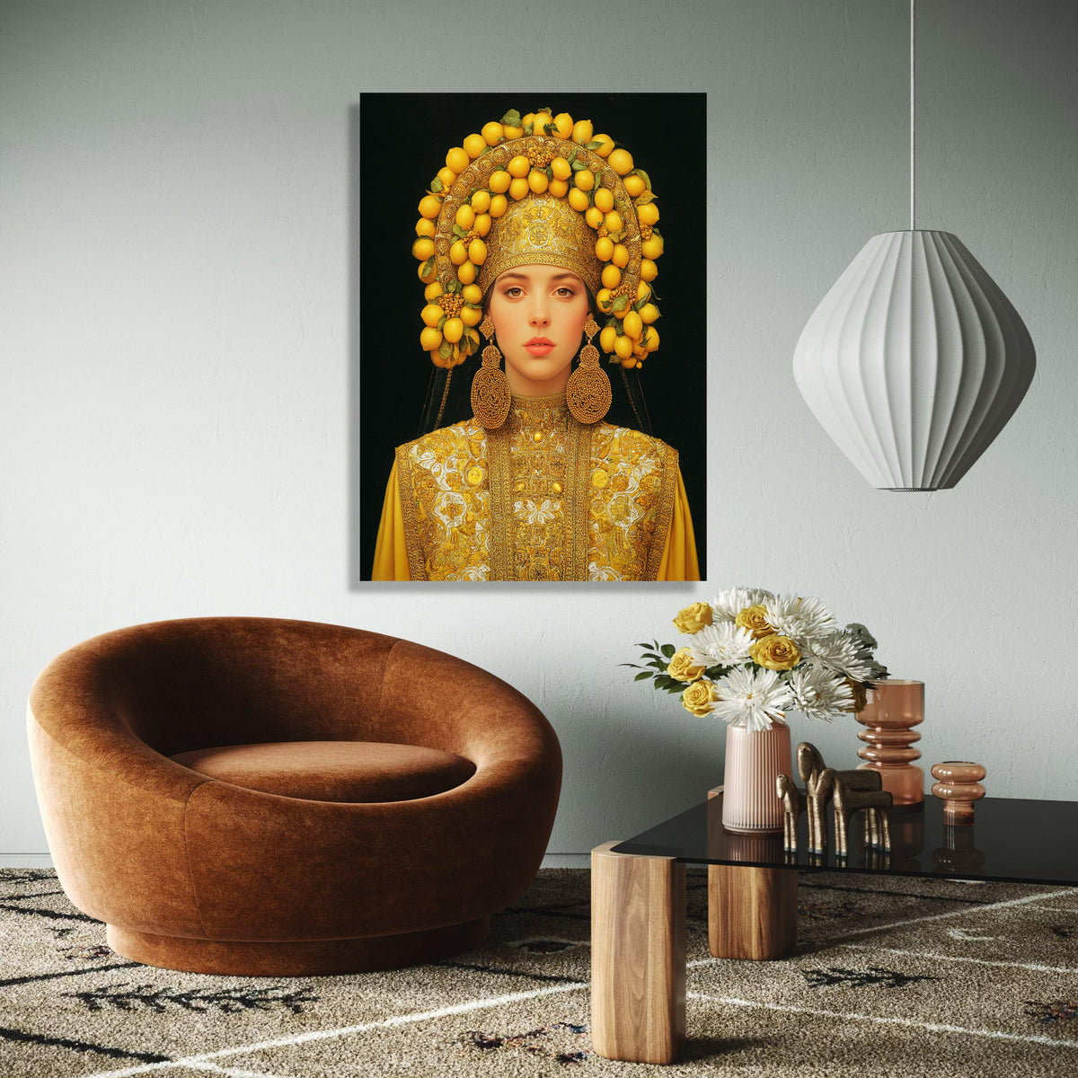 Elegant Woman in Traditional Gold Embroidered Dress with Lemon Headdress Canvas, Cultural Portrait Wall Art, Gift Art, Home Decor, Print