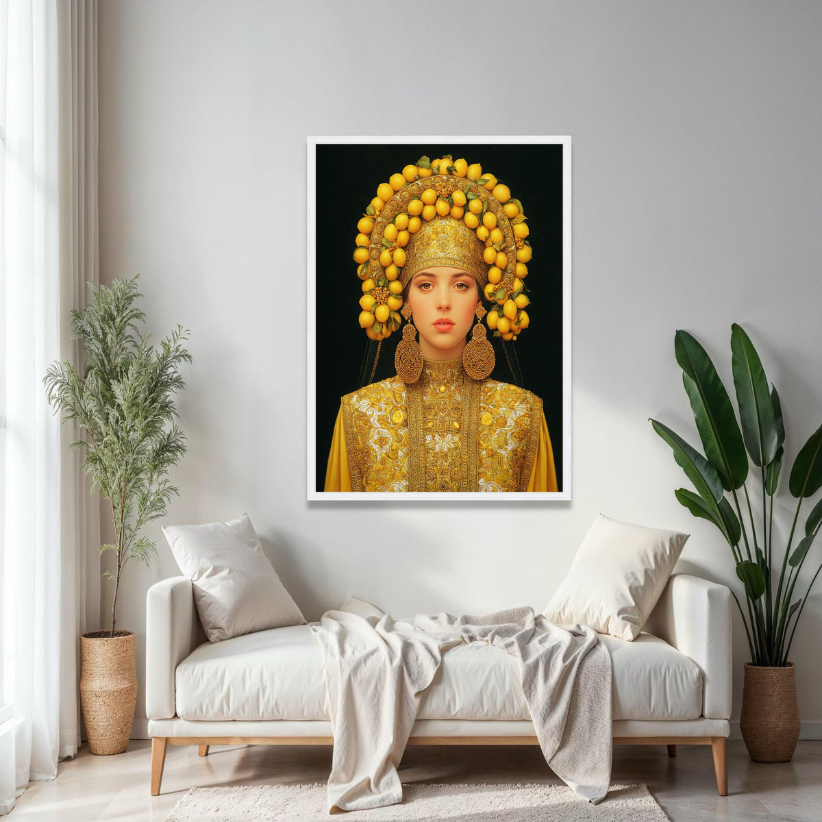 Elegant Woman in Traditional Gold Embroidered Dress with Lemon Headdress Canvas, Cultural Portrait Wall Art, Gift Art, Home Decor, Print