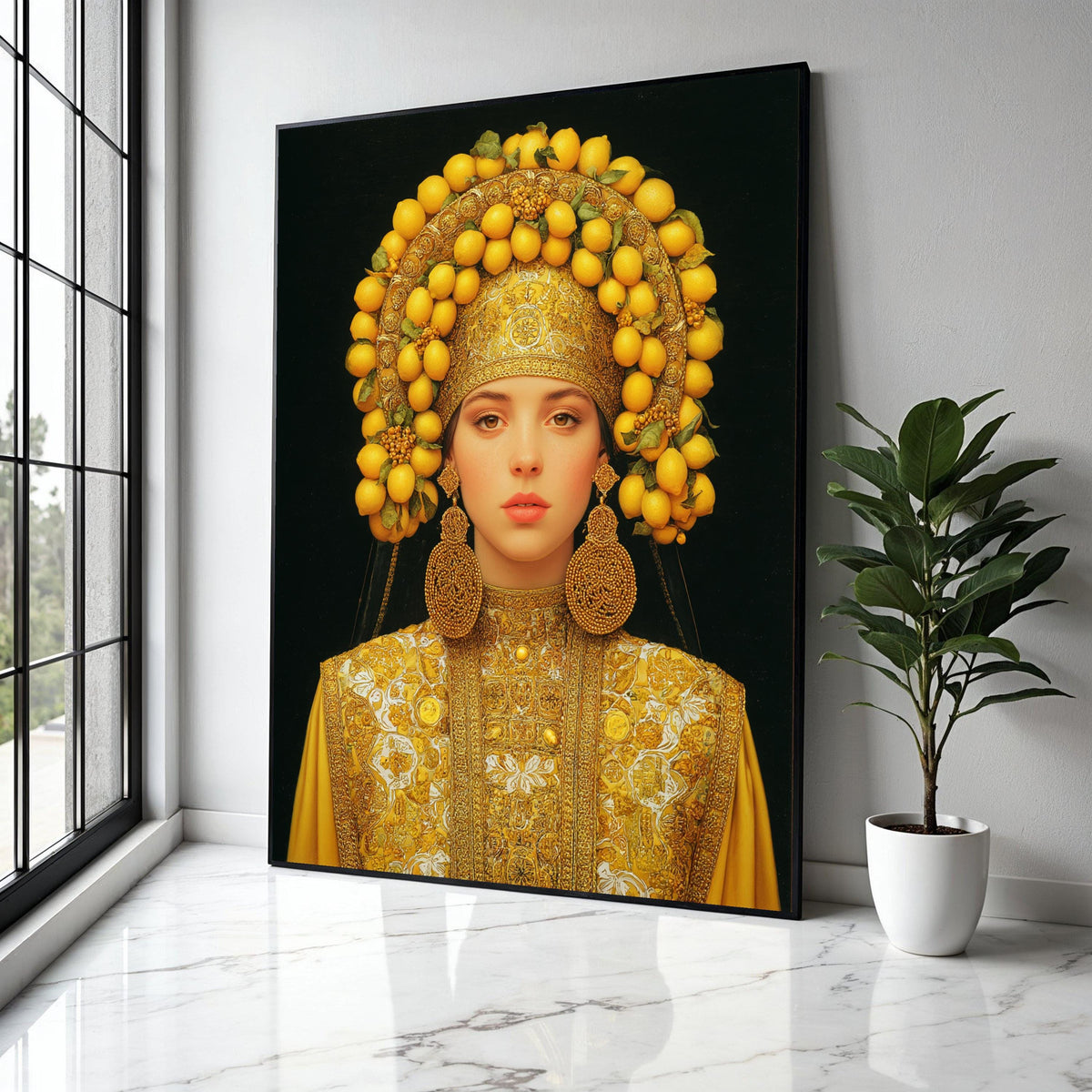 Elegant Woman in Traditional Gold Embroidered Dress with Lemon Headdress Canvas, Cultural Portrait Wall Art, Gift Art, Home Decor, Print