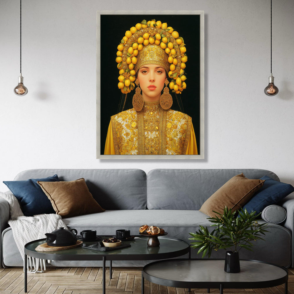 Elegant Woman in Traditional Gold Embroidered Dress with Lemon Headdress Canvas, Cultural Portrait Wall Art, Gift Art, Home Decor, Print