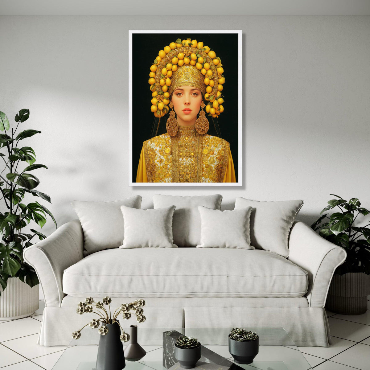 Elegant Woman in Traditional Gold Embroidered Dress with Lemon Headdress Canvas, Cultural Portrait Wall Art, Gift Art, Home Decor, Print
