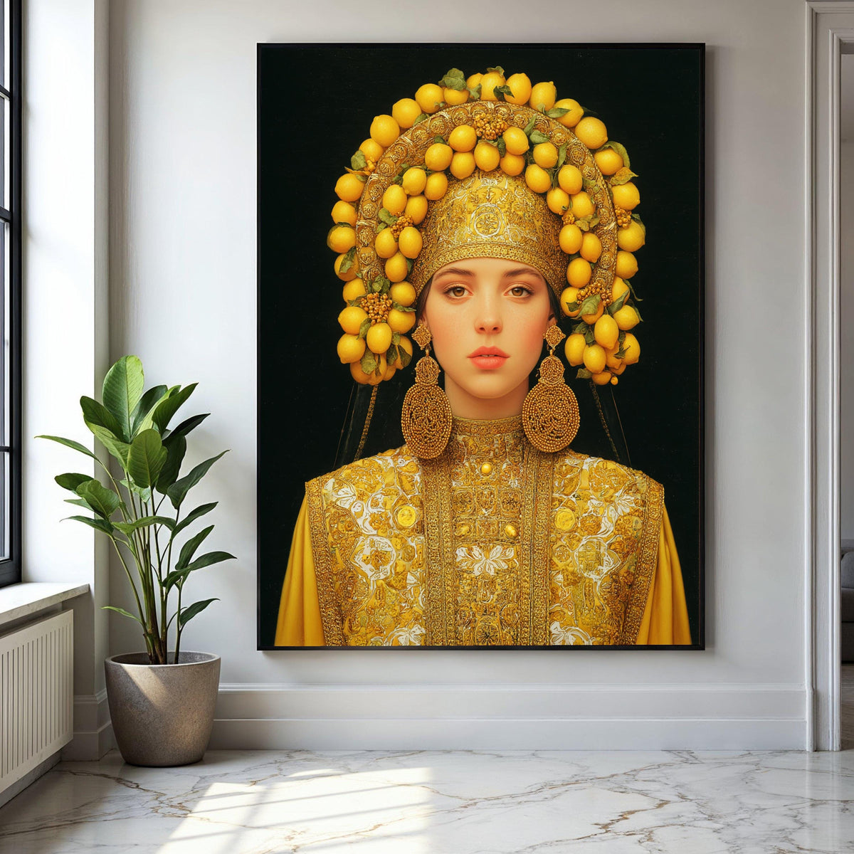 Elegant Woman in Traditional Gold Embroidered Dress with Lemon Headdress Canvas, Cultural Portrait Wall Art, Gift Art, Home Decor, Print