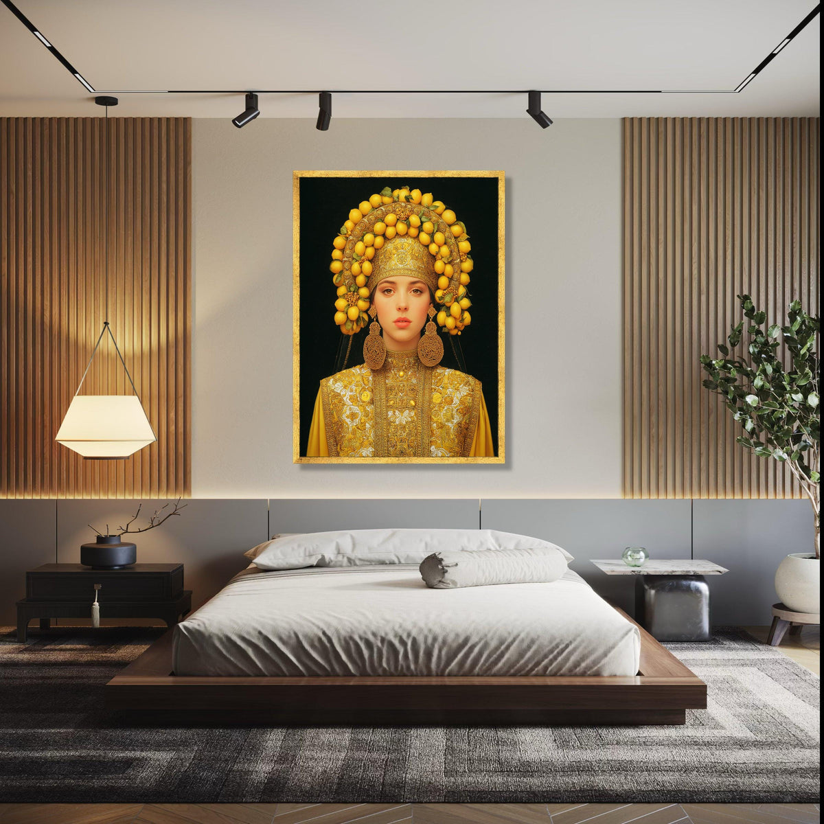 Elegant Woman in Traditional Gold Embroidered Dress with Lemon Headdress Canvas, Cultural Portrait Wall Art, Gift Art, Home Decor, Print