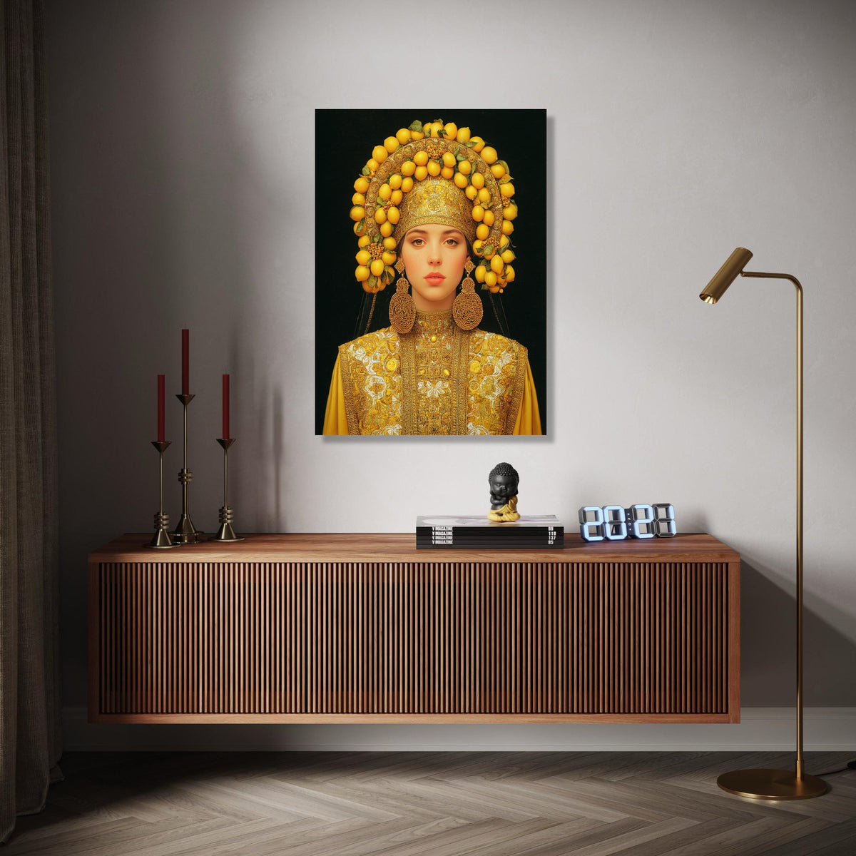 Elegant Woman in Traditional Gold Embroidered Dress with Lemon Headdress Canvas, Cultural Portrait Wall Art, Gift Art, Home Decor, Print