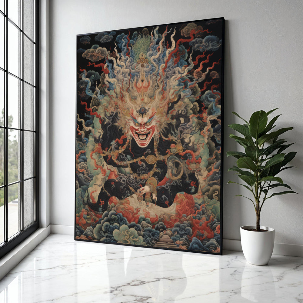 Fierce Tibetan Deity Canvas Wall Art, Mythical Buddhist Protector Painting, Spiritual Home Decor, Intricate Gift Art, Home Decor, Print
