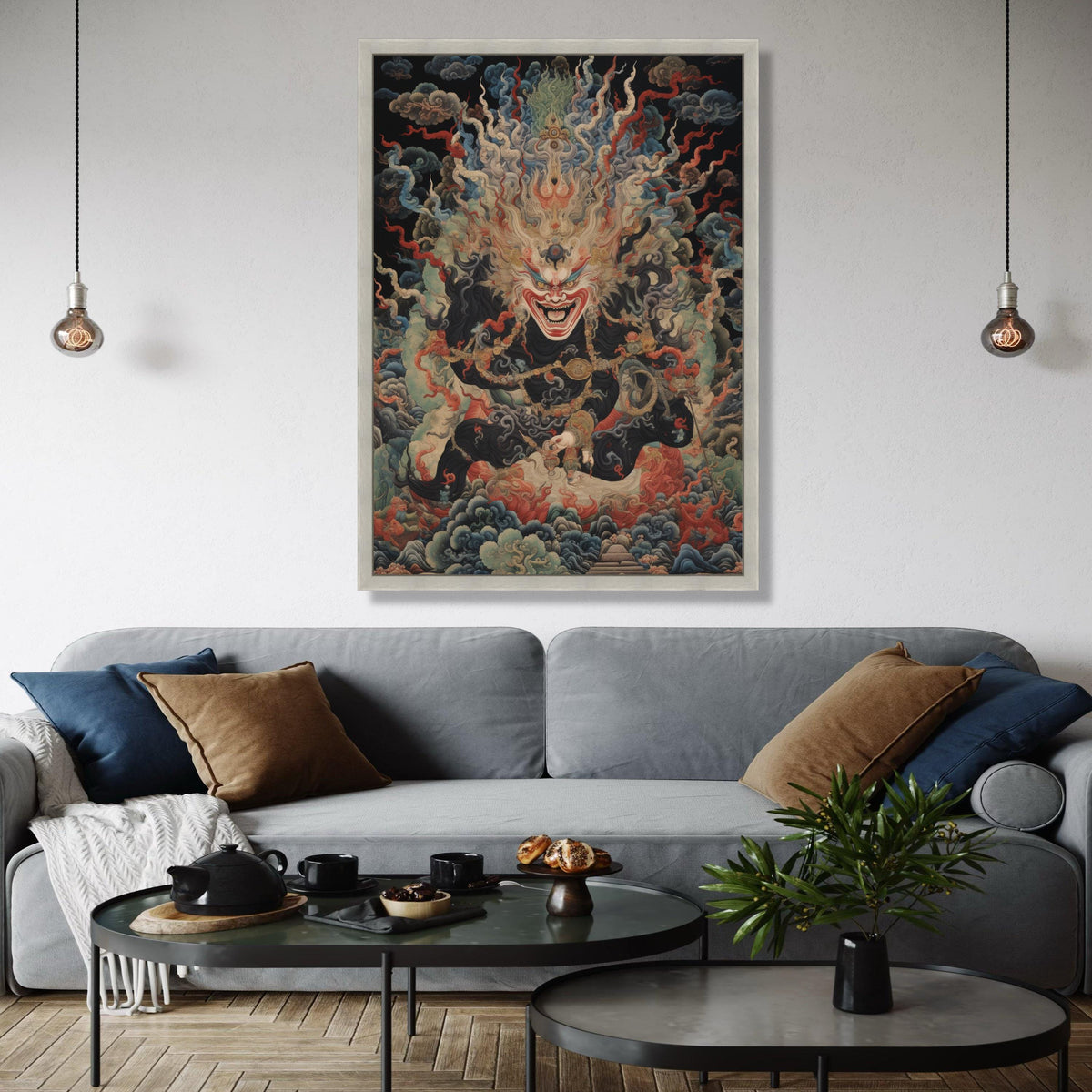 Fierce Tibetan Deity Canvas Wall Art, Mythical Buddhist Protector Painting, Spiritual Home Decor, Intricate Gift Art, Home Decor, Print