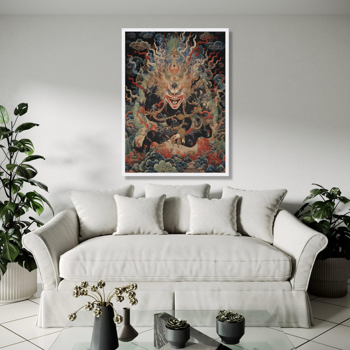 Fierce Tibetan Deity Canvas Wall Art, Mythical Buddhist Protector Painting, Spiritual Home Decor, Intricate Gift Art, Home Decor, Print