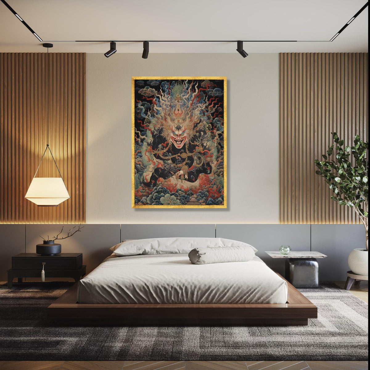 Fierce Tibetan Deity Canvas Wall Art, Mythical Buddhist Protector Painting, Spiritual Home Decor, Intricate Gift Art, Home Decor, Print