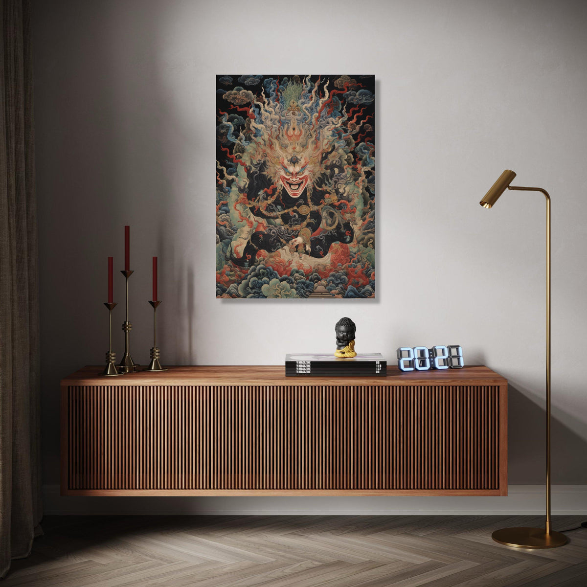 Fierce Tibetan Deity Canvas Wall Art, Mythical Buddhist Protector Painting, Spiritual Home Decor, Intricate Gift Art, Home Decor, Print