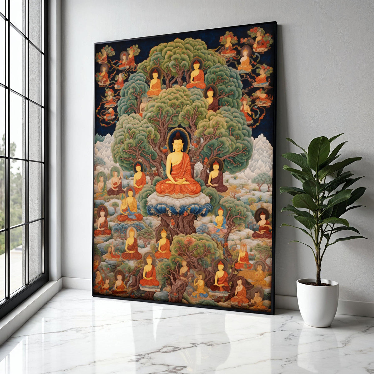 Enlightened Buddha Tree of Life Canvas, Spiritual Meditation Wall Art, Buddhist Monks in Nature, Serene Zen Home Gift Art, Home Decor, Print