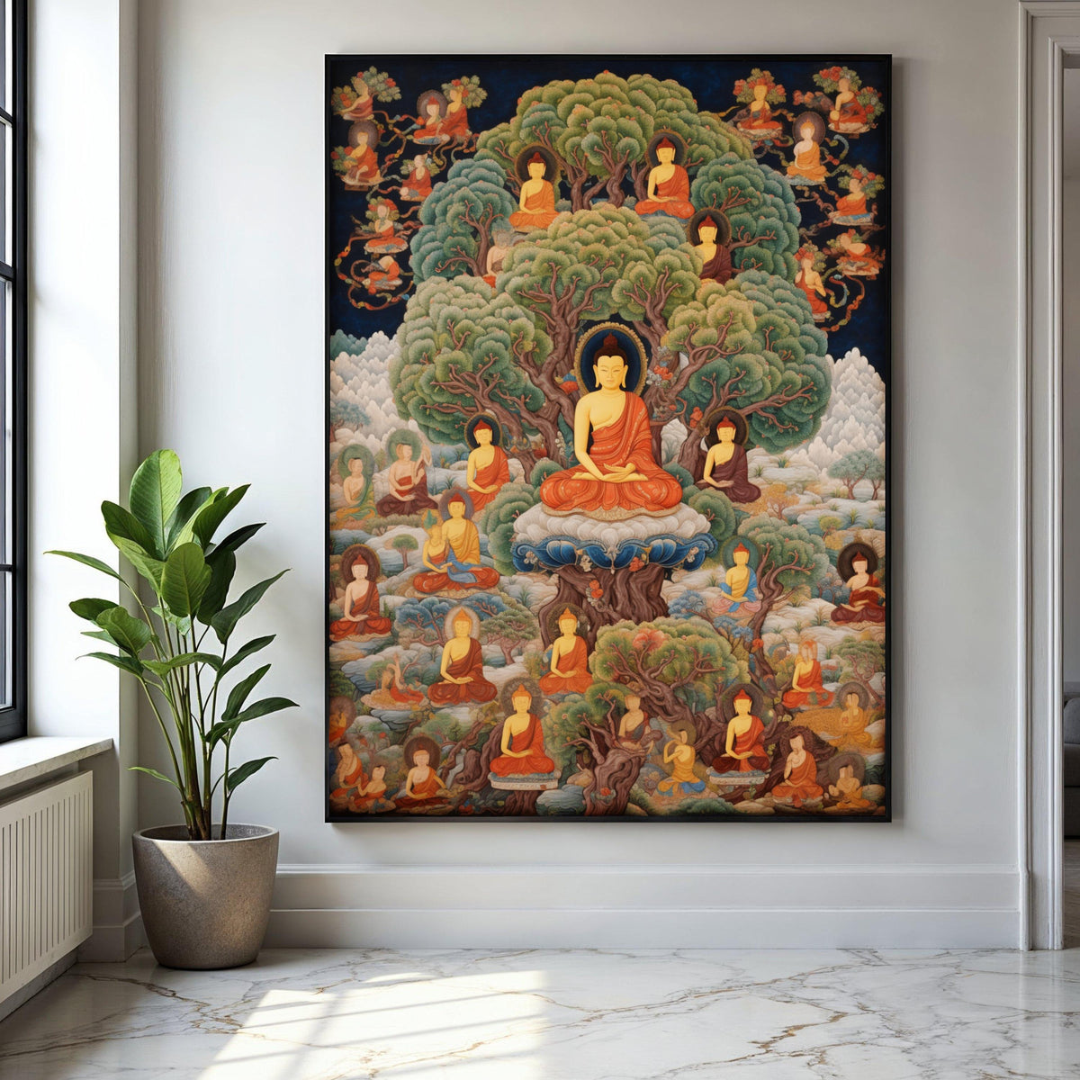 Enlightened Buddha Tree of Life Canvas, Spiritual Meditation Wall Art, Buddhist Monks in Nature, Serene Zen Home Gift Art, Home Decor, Print
