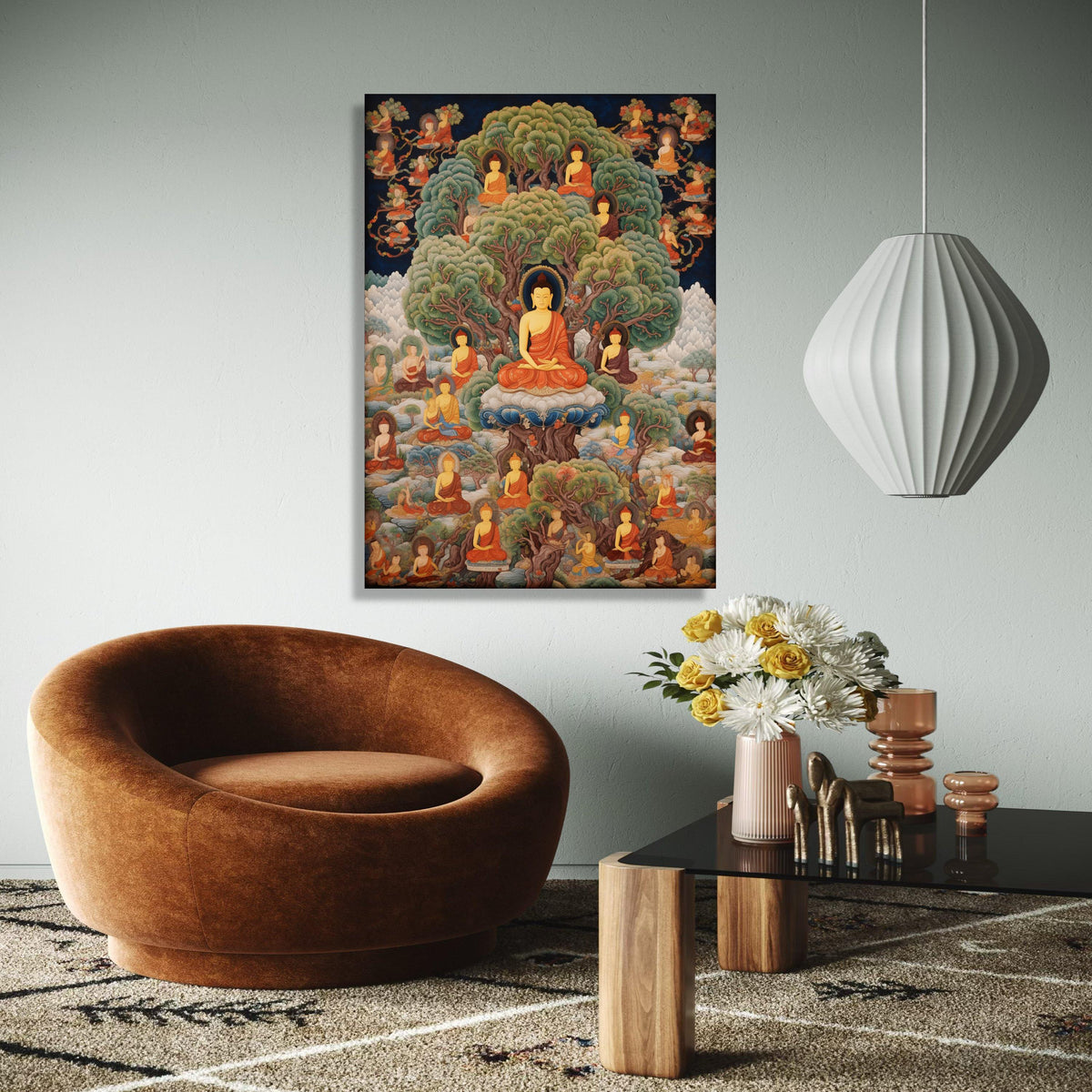 Enlightened Buddha Tree of Life Canvas, Spiritual Meditation Wall Art, Buddhist Monks in Nature, Serene Zen Home Gift Art, Home Decor, Print