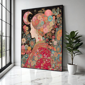 Elegant Floral Woman Canvas Wall Art, Bohemian Moonlit Portrait, Colorful Garden Theme, Asian Style Decorative Gift Art, Home Decor, Print