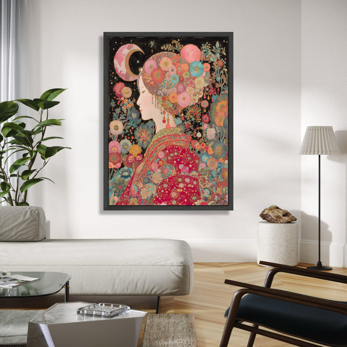 Elegant Floral Woman Canvas Wall Art, Bohemian Moonlit Portrait, Colorful Garden Theme, Asian Style Decorative Gift Art, Home Decor, Print