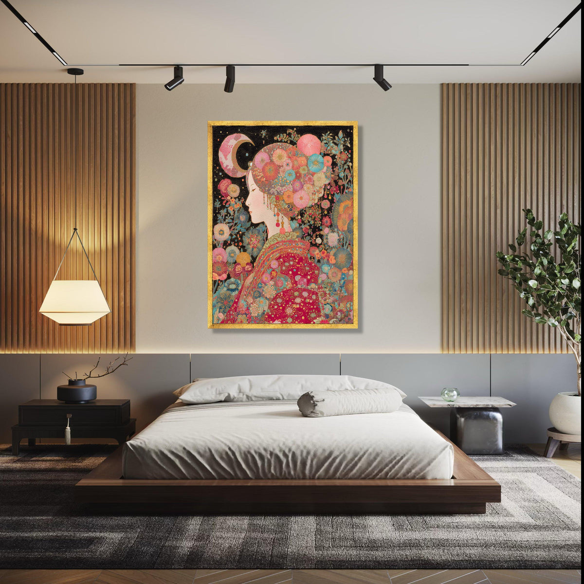 Elegant Floral Woman Canvas Wall Art, Bohemian Moonlit Portrait, Colorful Garden Theme, Asian Style Decorative Gift Art, Home Decor, Print