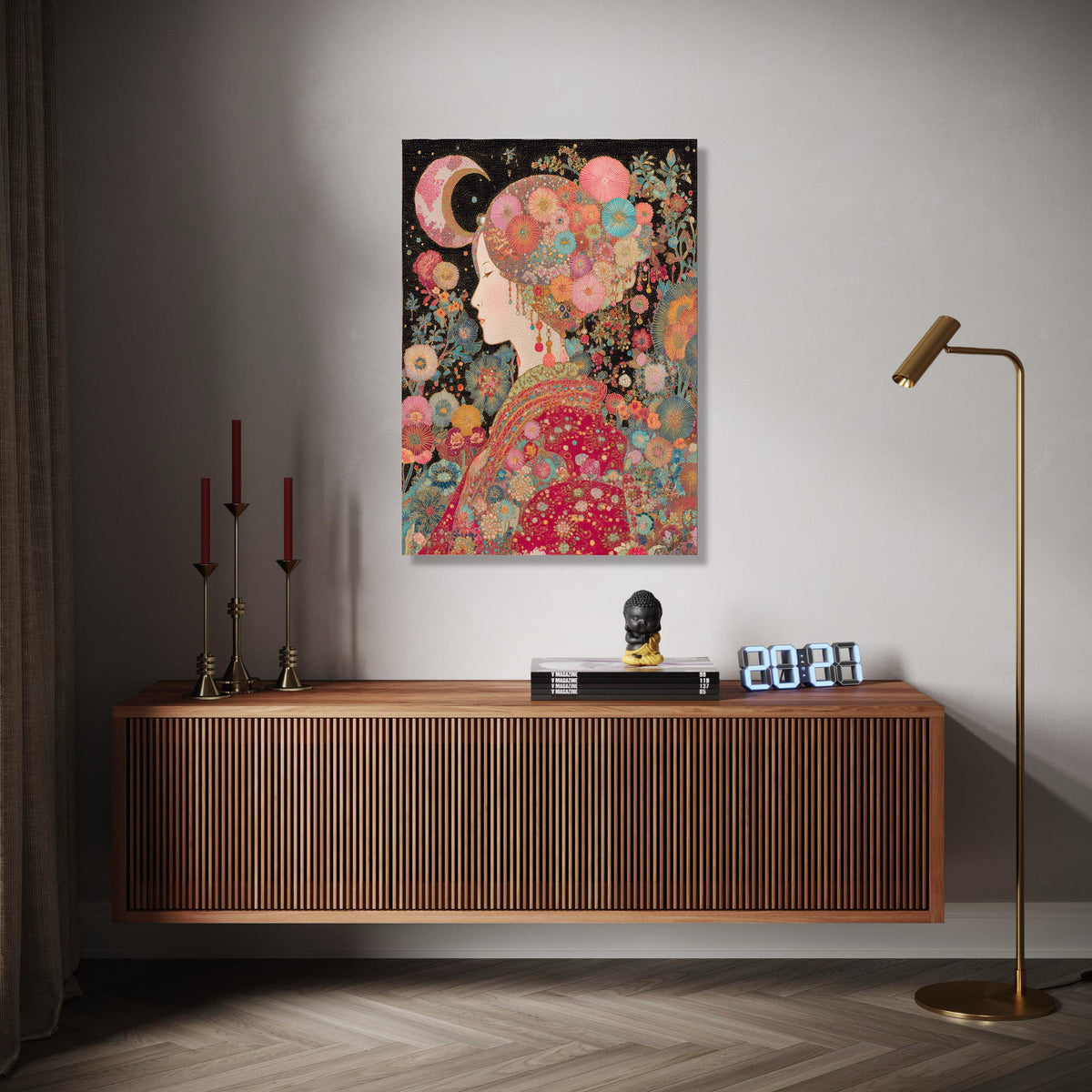 Elegant Floral Woman Canvas Wall Art, Bohemian Moonlit Portrait, Colorful Garden Theme, Asian Style Decorative Gift Art, Home Decor, Print