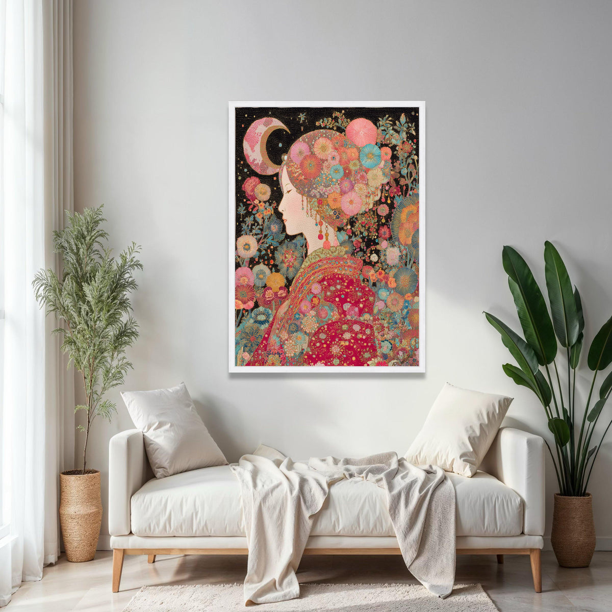 Elegant Floral Woman Canvas Wall Art, Bohemian Moonlit Portrait, Colorful Garden Theme, Asian Style Decorative Gift Art, Home Decor, Print