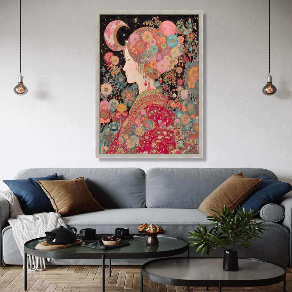 Elegant Floral Woman Canvas Wall Art, Bohemian Moonlit Portrait, Colorful Garden Theme, Asian Style Decorative Gift Art, Home Decor, Print
