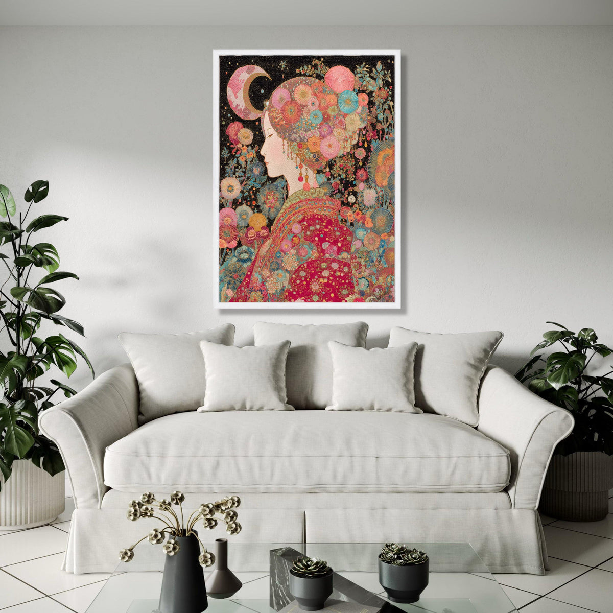 Elegant Floral Woman Canvas Wall Art, Bohemian Moonlit Portrait, Colorful Garden Theme, Asian Style Decorative Gift Art, Home Decor, Print