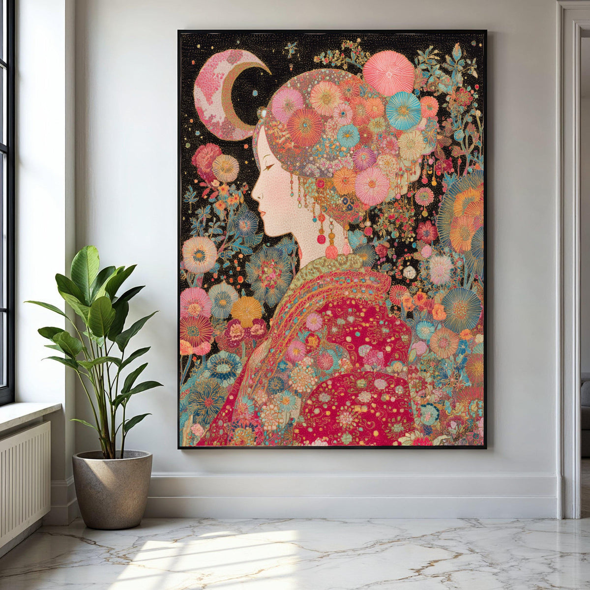 Elegant Floral Woman Canvas Wall Art, Bohemian Moonlit Portrait, Colorful Garden Theme, Asian Style Decorative Gift Art, Home Decor, Print