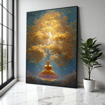 Golden Buddha Meditation Canvas, Spiritual Wall Art, Zen Lotus Flower Decor, Peaceful Yoga Canvas, Tranquil Home Gift Art, Home Decor, Print