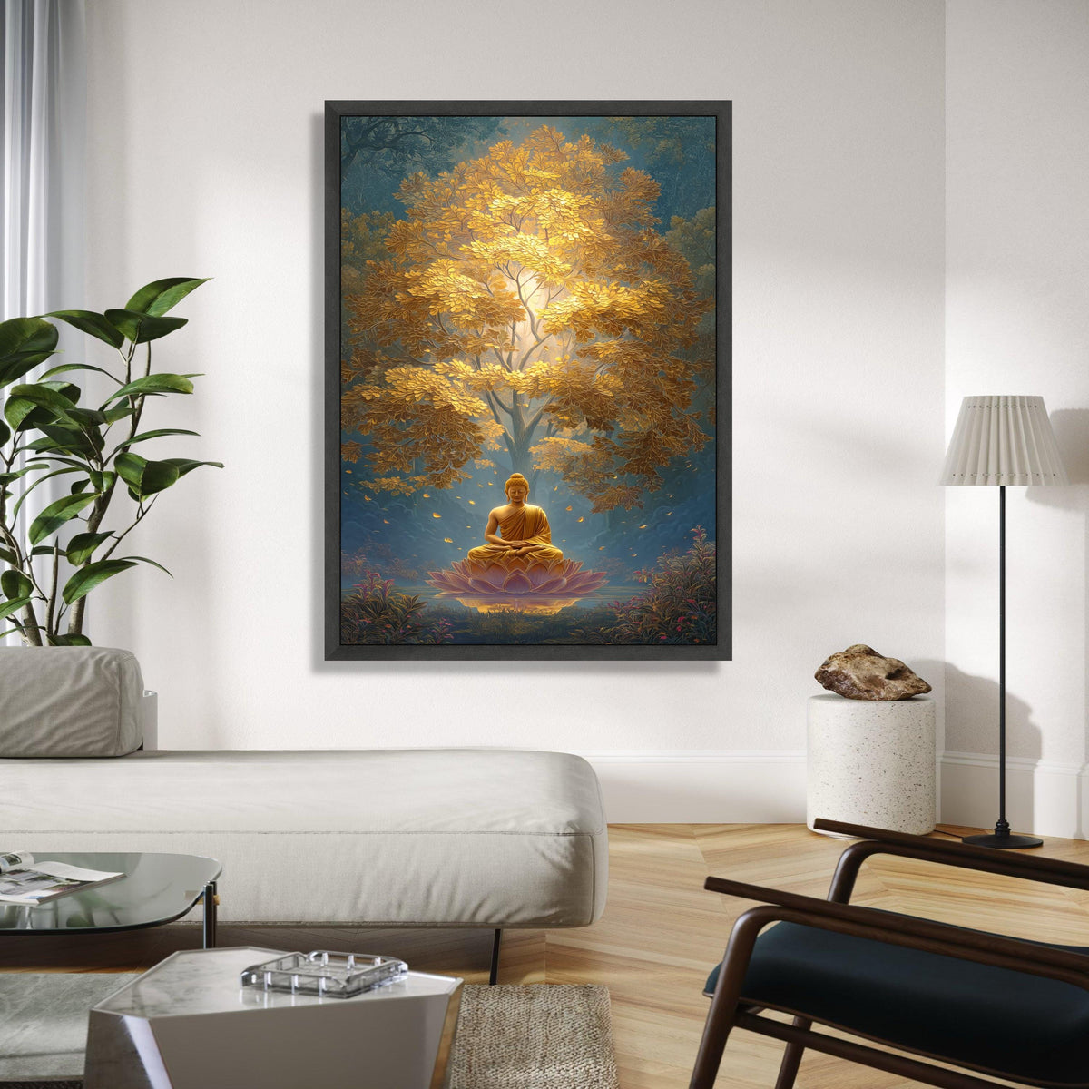 Golden Buddha Meditation Canvas, Spiritual Wall Art, Zen Lotus Flower Decor, Peaceful Yoga Canvas, Tranquil Home Gift Art, Home Decor, Print