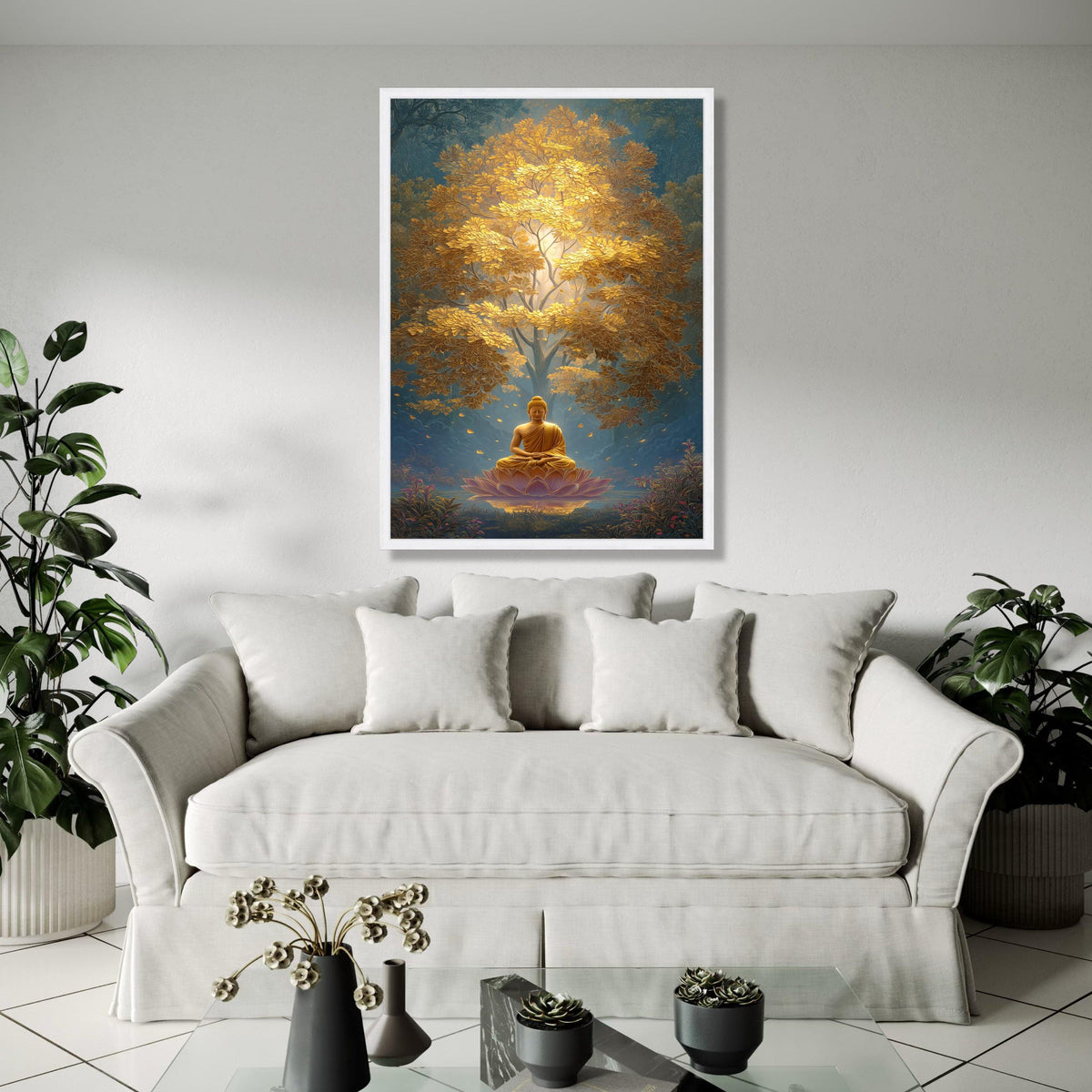 Golden Buddha Meditation Canvas, Spiritual Wall Art, Zen Lotus Flower Decor, Peaceful Yoga Canvas, Tranquil Home Gift Art, Home Decor, Print