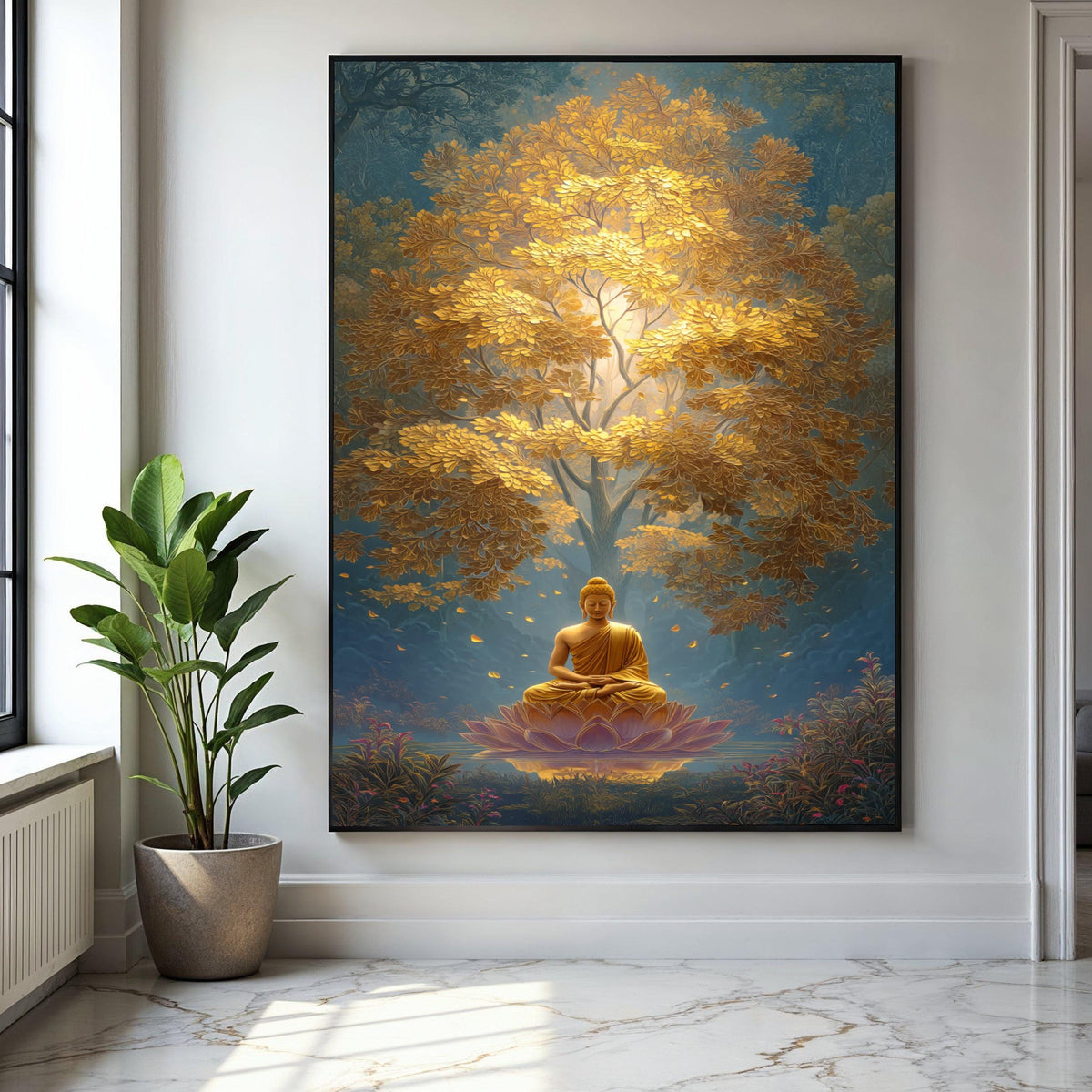 Golden Buddha Meditation Canvas, Spiritual Wall Art, Zen Lotus Flower Decor, Peaceful Yoga Canvas, Tranquil Home Gift Art, Home Decor, Print