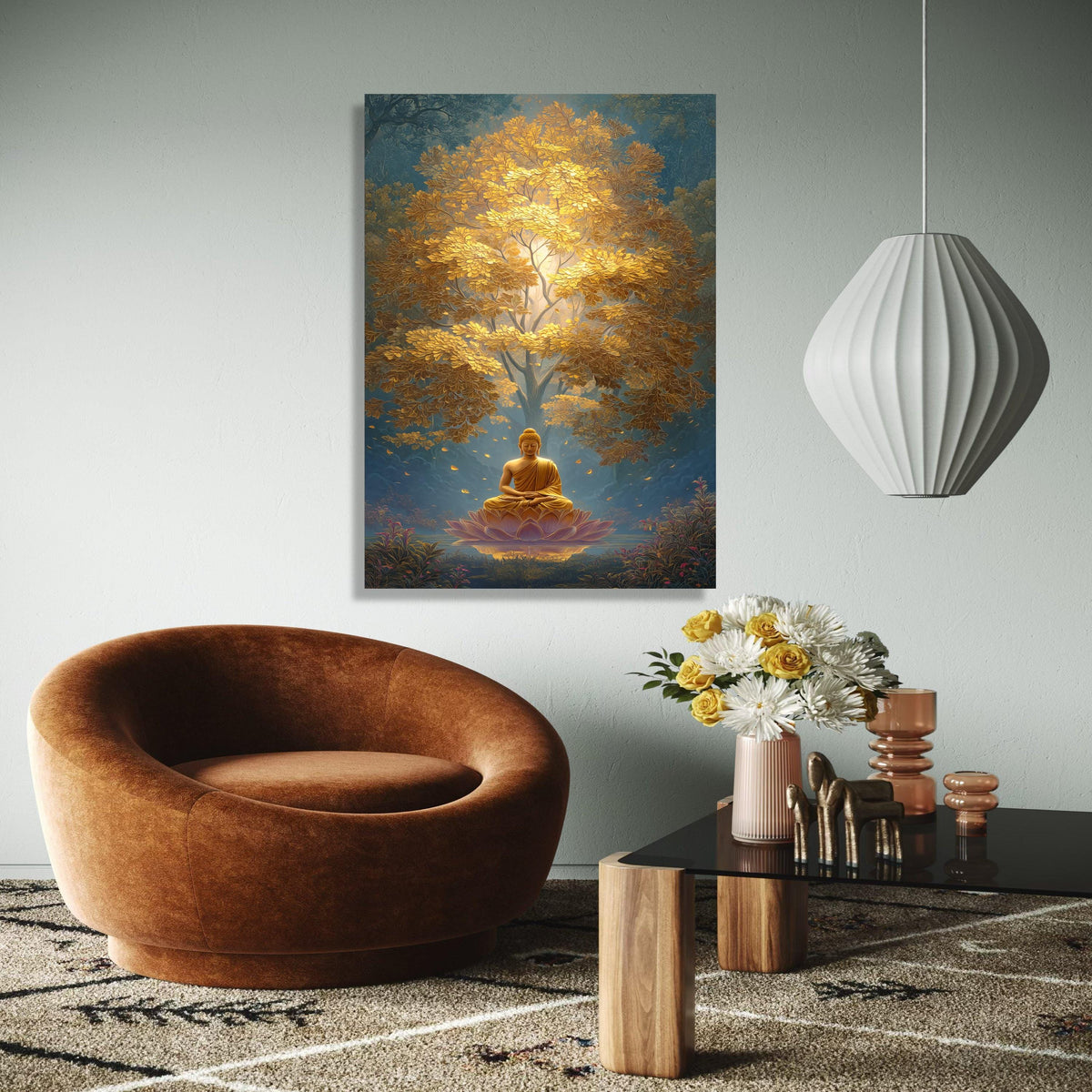 Golden Buddha Meditation Canvas, Spiritual Wall Art, Zen Lotus Flower Decor, Peaceful Yoga Canvas, Tranquil Home Gift Art, Home Decor, Print