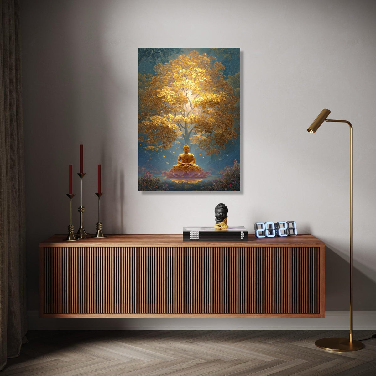 Golden Buddha Meditation Canvas, Spiritual Wall Art, Zen Lotus Flower Decor, Peaceful Yoga Canvas, Tranquil Home Gift Art, Home Decor, Print