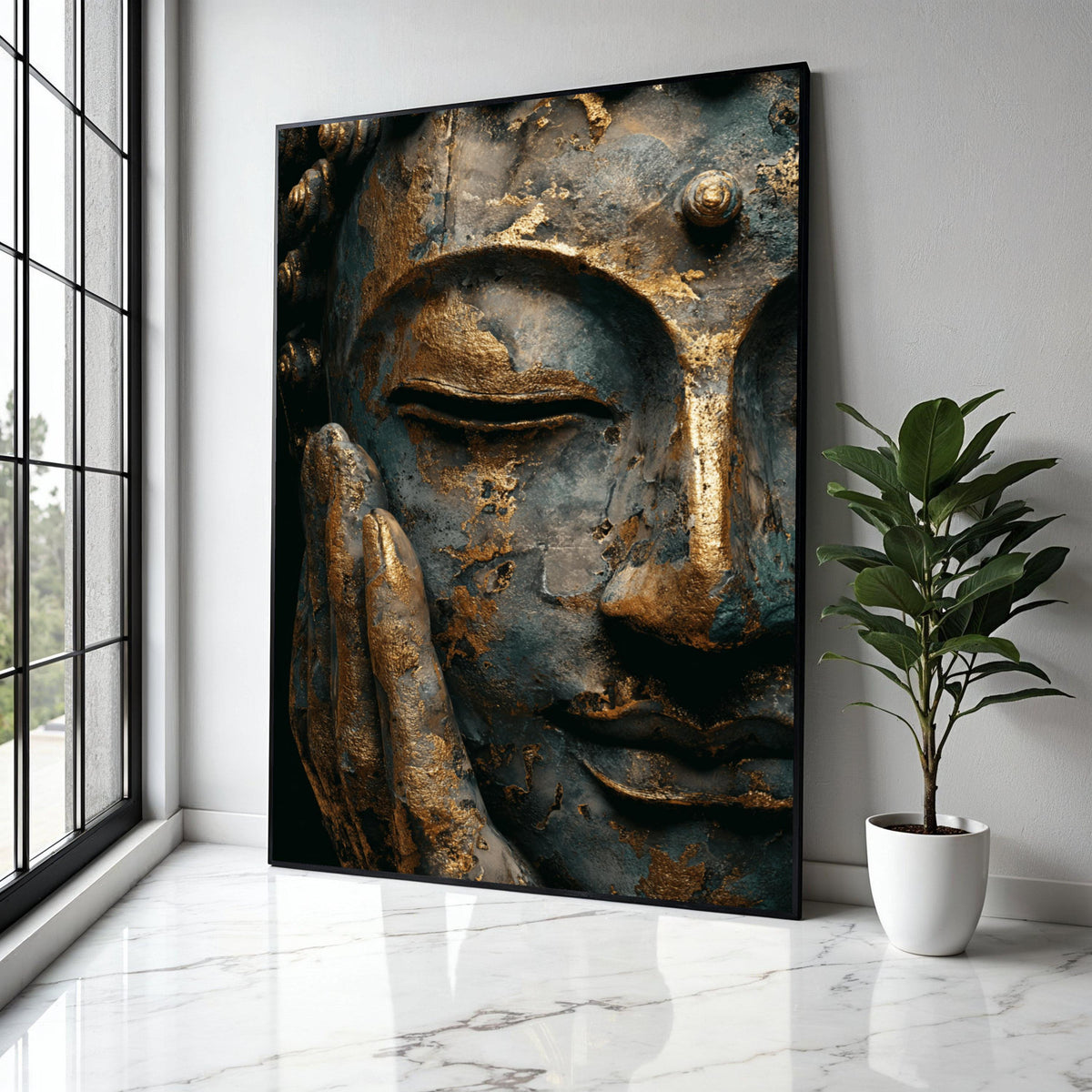 Serene Buddha Face Canvas Wall Art, Gold Leaf Meditation Decor, Spiritual Asian Art Print, Tranquil Home Gift Art, Home Decor, Print