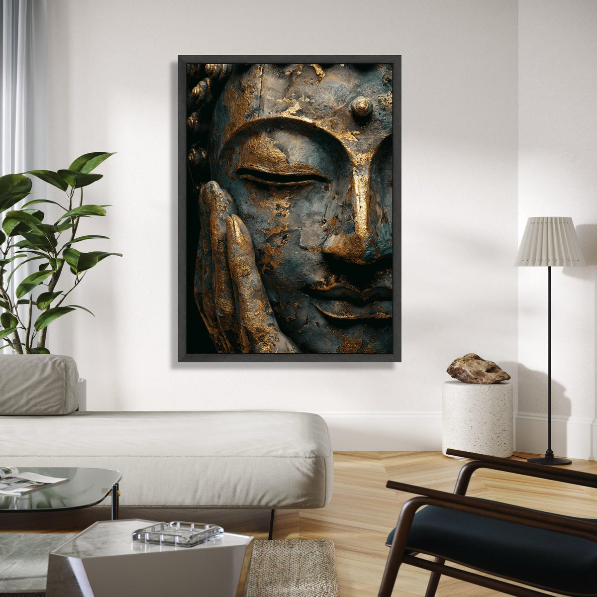 Serene Buddha Face Canvas Wall Art, Gold Leaf Meditation Decor, Spiritual Asian Art Print, Tranquil Home Gift Art, Home Decor, Print