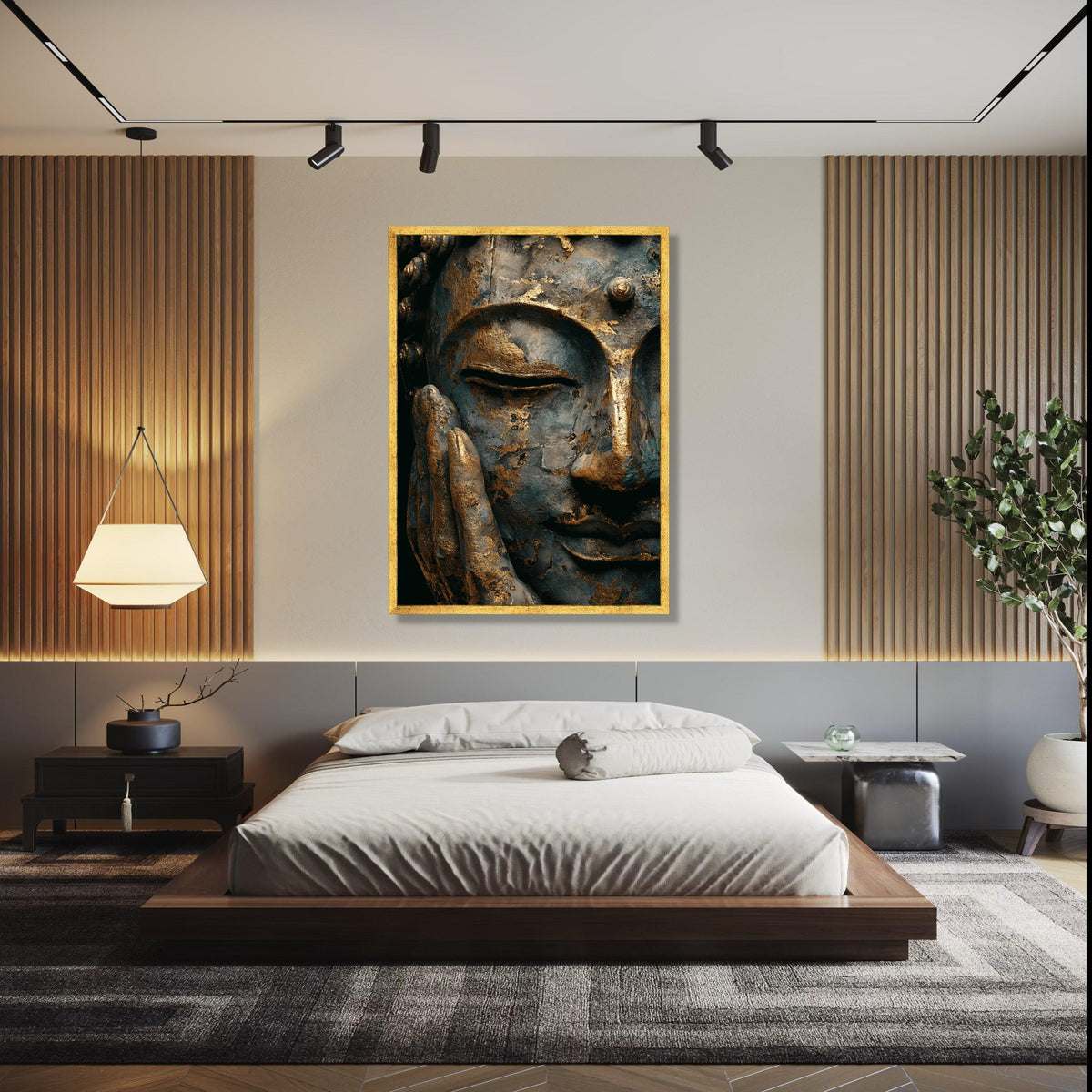 Serene Buddha Face Canvas Wall Art, Gold Leaf Meditation Decor, Spiritual Asian Art Print, Tranquil Home Gift Art, Home Decor, Print
