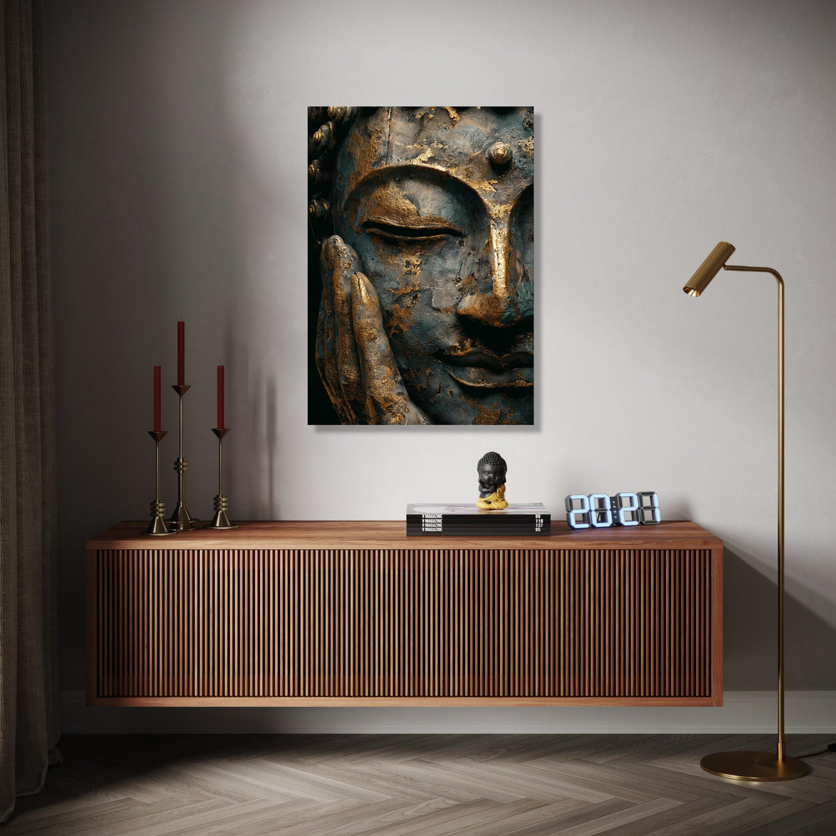 Serene Buddha Face Canvas Wall Art, Gold Leaf Meditation Decor, Spiritual Asian Art Print, Tranquil Home Gift Art, Home Decor, Print
