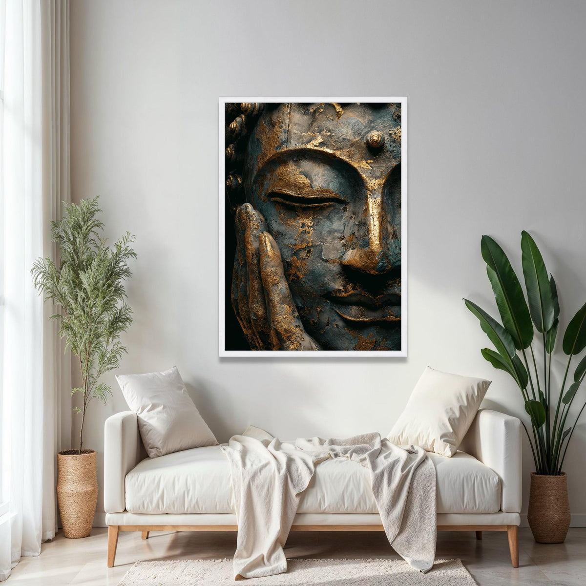 Serene Buddha Face Canvas Wall Art, Gold Leaf Meditation Decor, Spiritual Asian Art Print, Tranquil Home Gift Art, Home Decor, Print