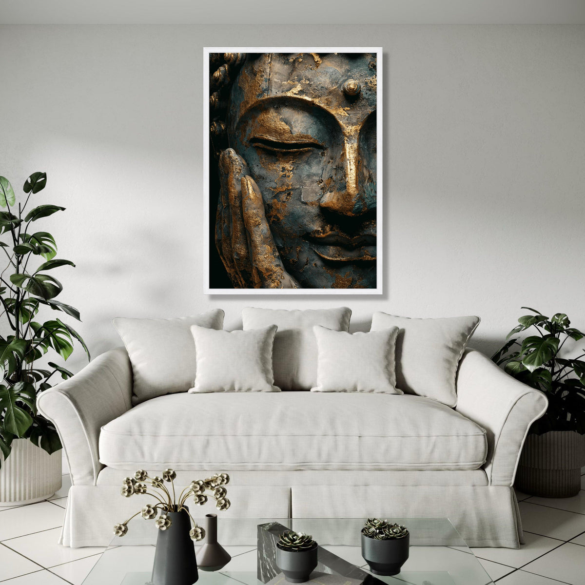 Serene Buddha Face Canvas Wall Art, Gold Leaf Meditation Decor, Spiritual Asian Art Print, Tranquil Home Gift Art, Home Decor, Print