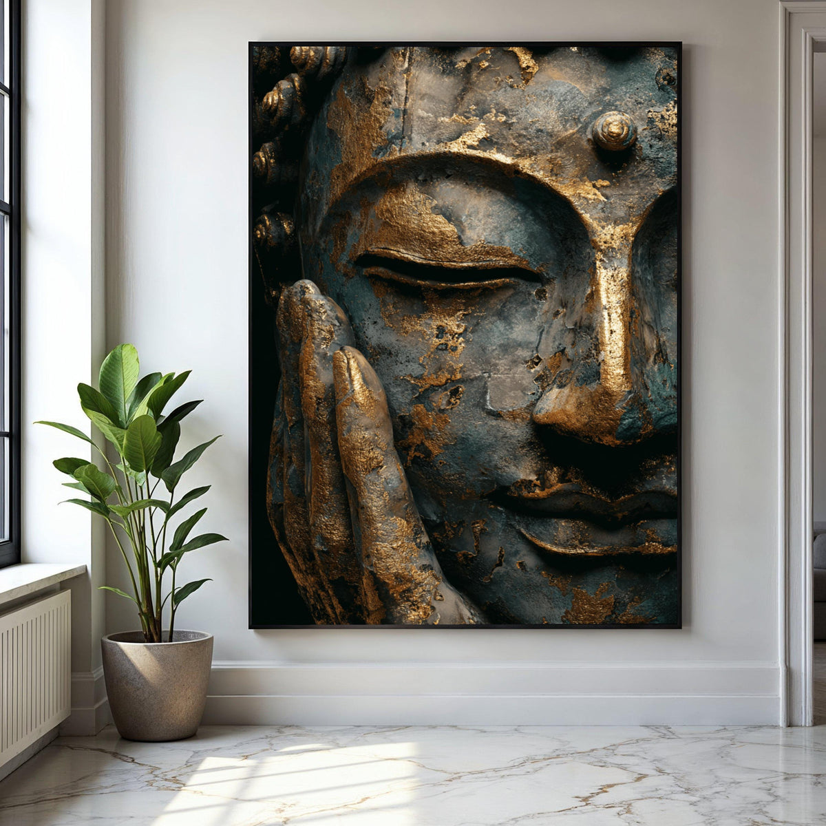 Serene Buddha Face Canvas Wall Art, Gold Leaf Meditation Decor, Spiritual Asian Art Print, Tranquil Home Gift Art, Home Decor, Print