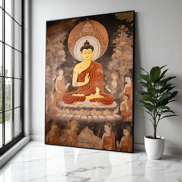 Meditating Buddha Canvas Wall Art, Spiritual Buddhist Art, Ancient Temple Mural, Zen Home Decoration, Peaceful Gift Art, Home Decor, Print