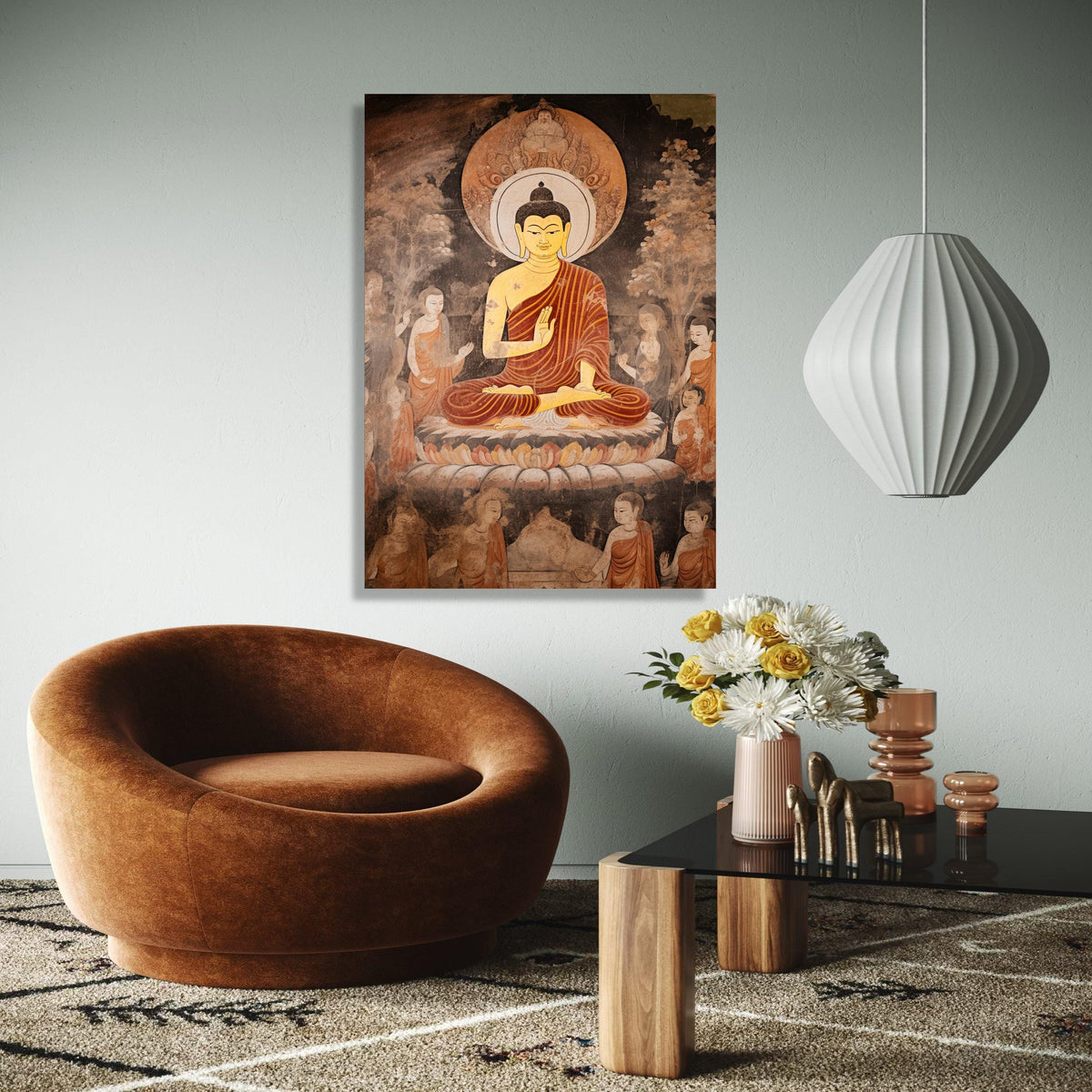 Meditating Buddha Canvas Wall Art, Spiritual Buddhist Art, Ancient Temple Mural, Zen Home Decoration, Peaceful Gift Art, Home Decor, Print