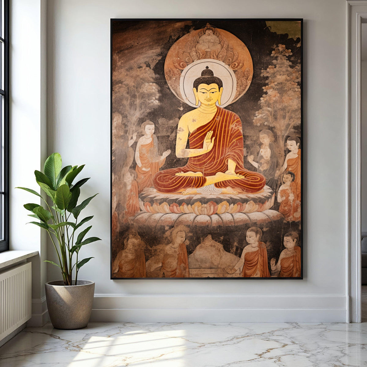 Meditating Buddha Canvas Wall Art, Spiritual Buddhist Art, Ancient Temple Mural, Zen Home Decoration, Peaceful Gift Art, Home Decor, Print