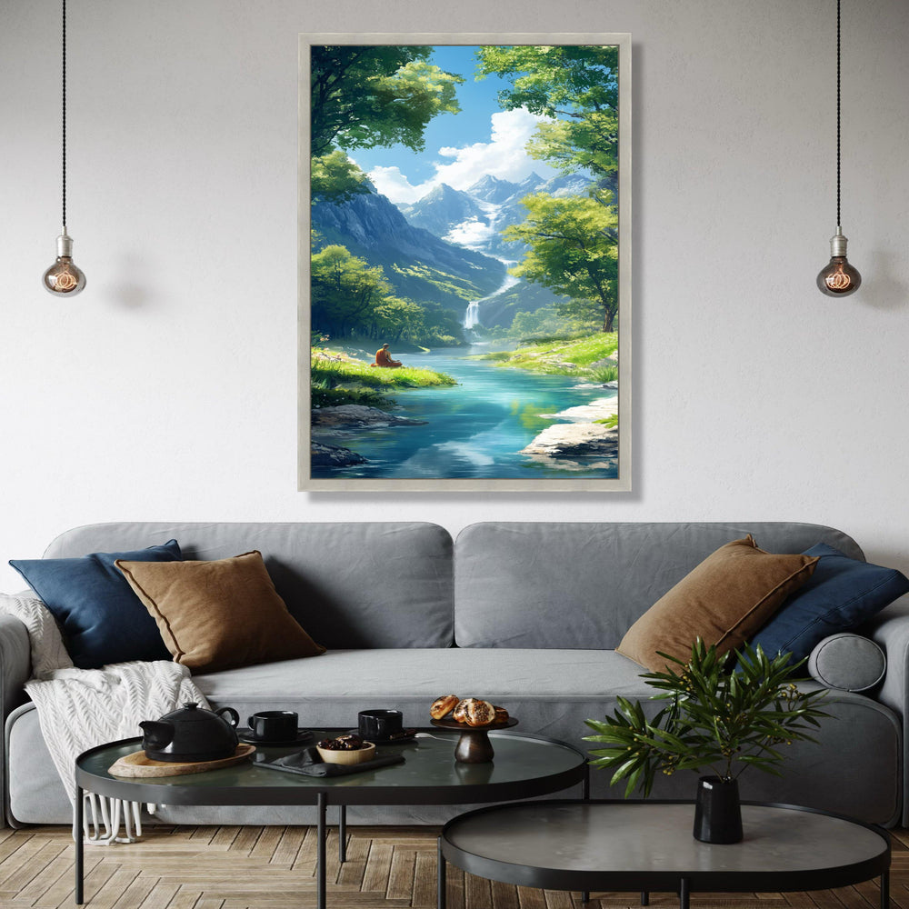 Tranquil Mountain Meditation Scene, Serene River Canvas, Waterfall Landscape Wall Art, Peaceful Nature Canvas, Gift Art, Home Decor, Print