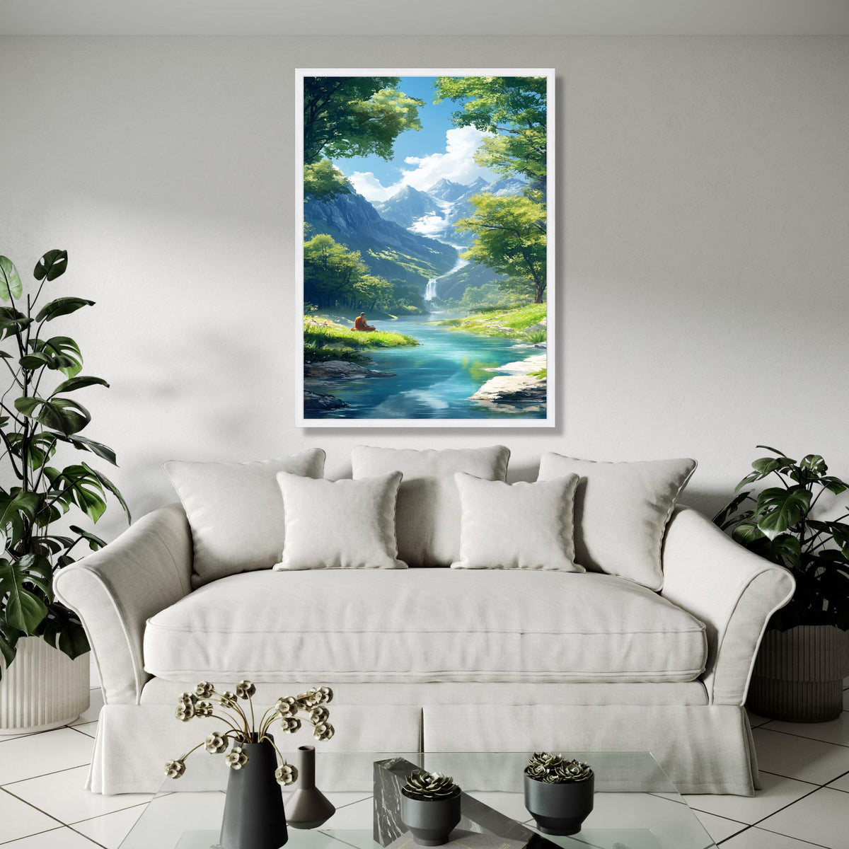 Tranquil Mountain Meditation Scene, Serene River Canvas, Waterfall Landscape Wall Art, Peaceful Nature Canvas, Gift Art, Home Decor, Print