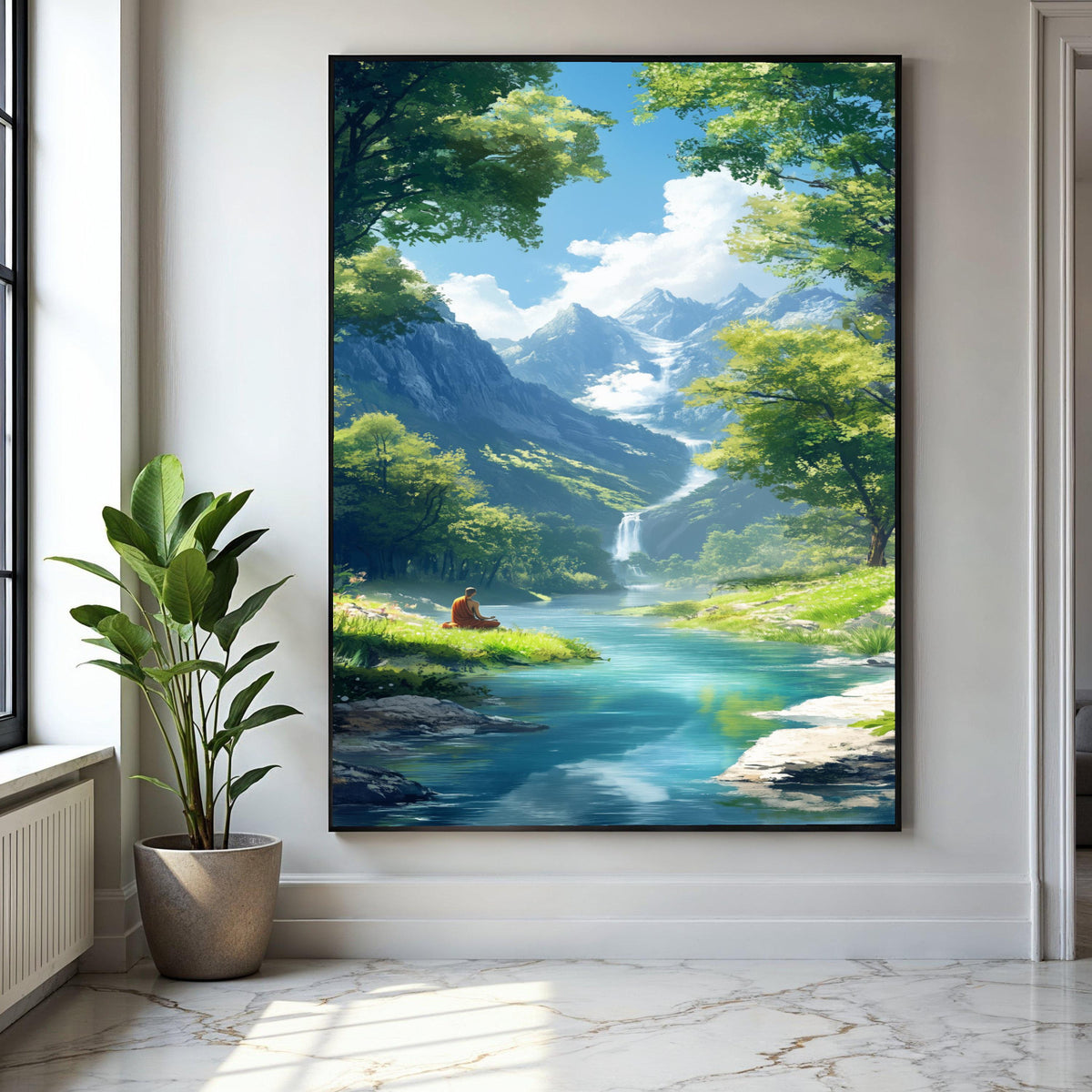Tranquil Mountain Meditation Scene, Serene River Canvas, Waterfall Landscape Wall Art, Peaceful Nature Canvas, Gift Art, Home Decor, Print