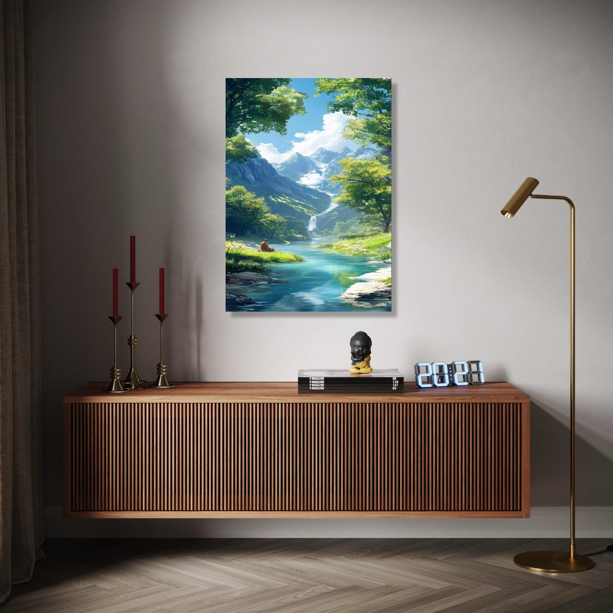 Tranquil Mountain Meditation Scene, Serene River Canvas, Waterfall Landscape Wall Art, Peaceful Nature Canvas, Gift Art, Home Decor, Print