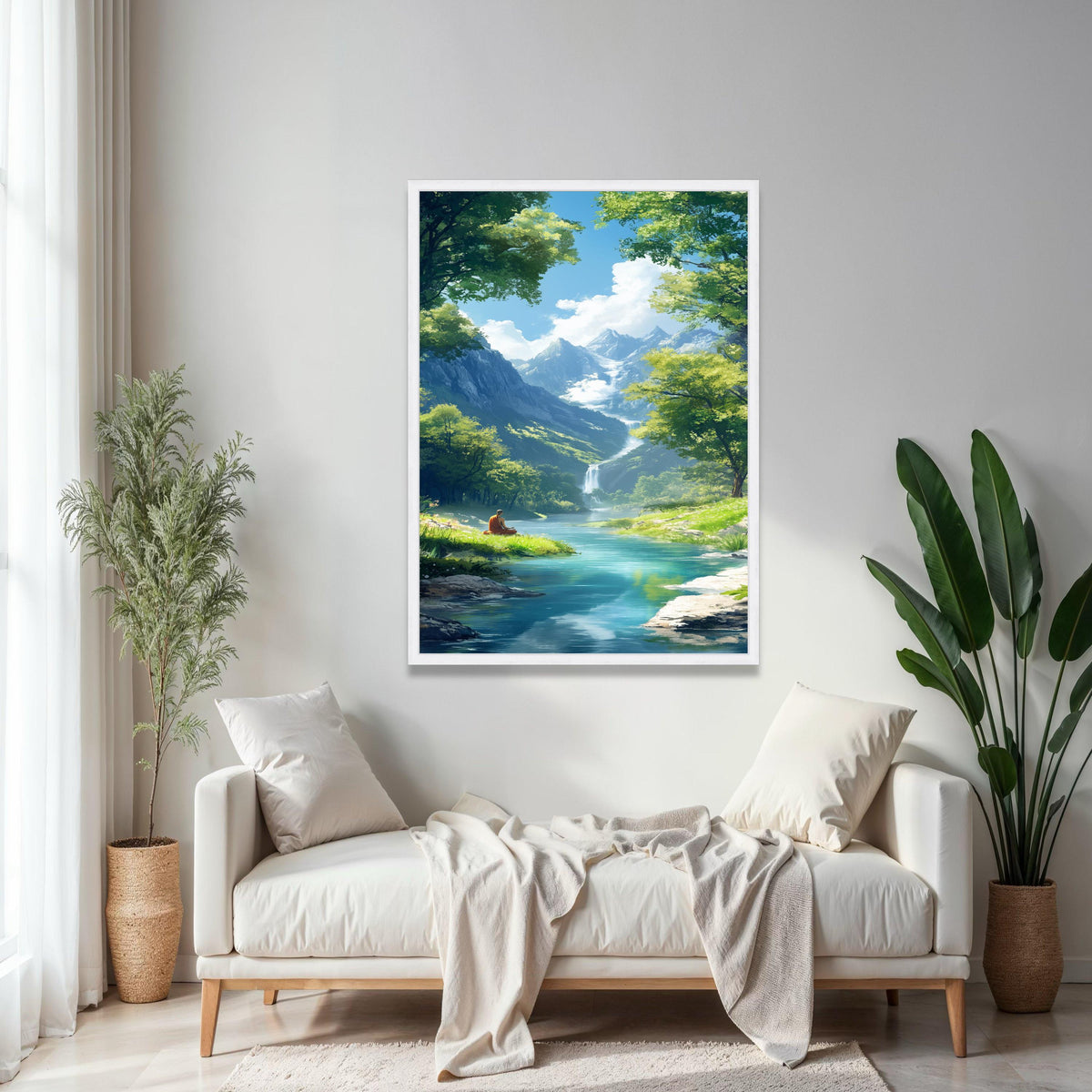 Tranquil Mountain Meditation Scene, Serene River Canvas, Waterfall Landscape Wall Art, Peaceful Nature Canvas, Gift Art, Home Decor, Print