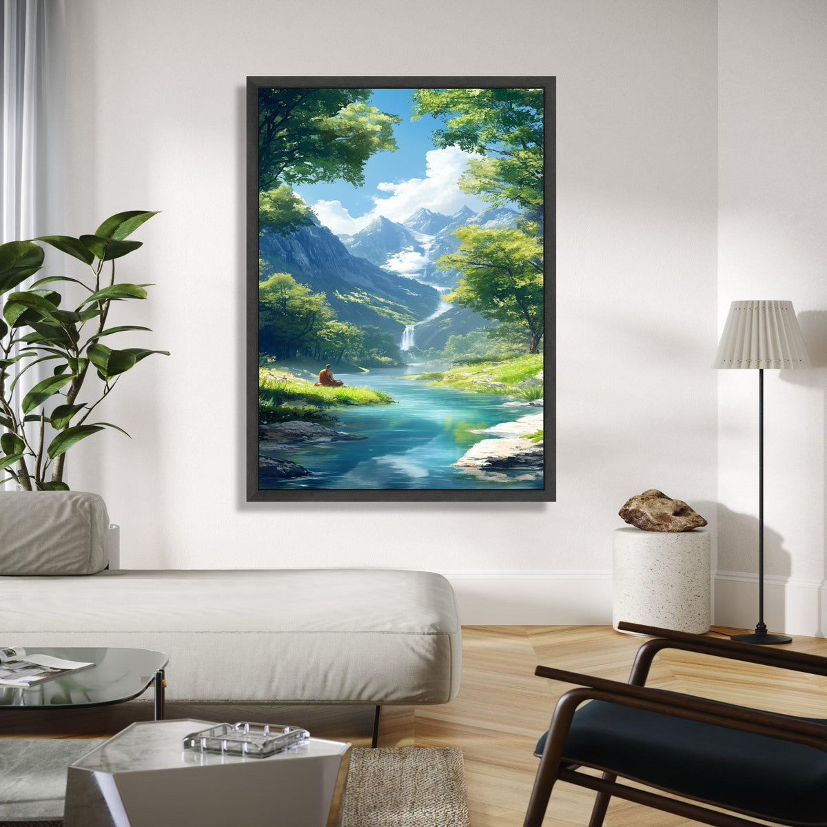 Tranquil Mountain Meditation Scene, Serene River Canvas, Waterfall Landscape Wall Art, Peaceful Nature Canvas, Gift Art, Home Decor, Print