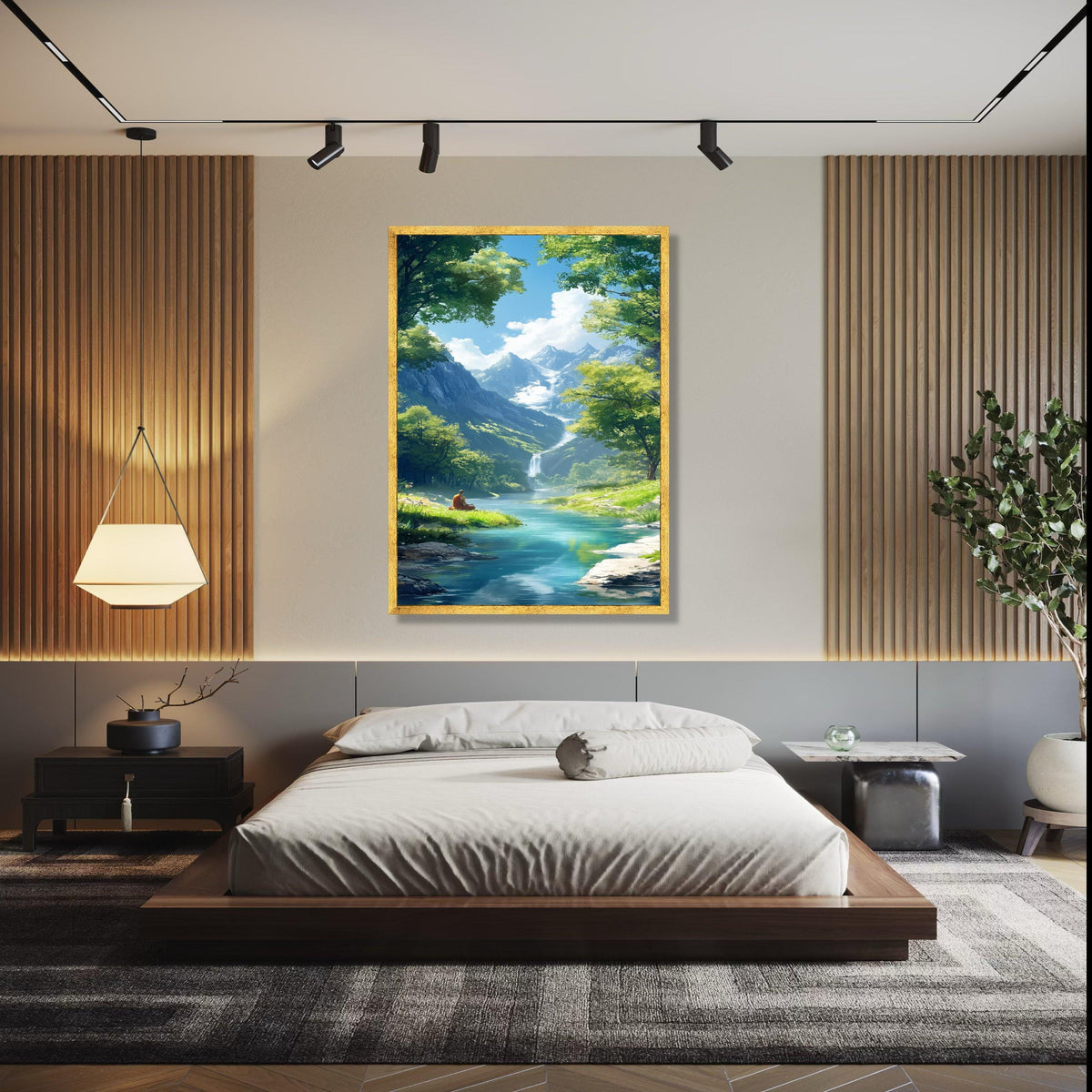 Tranquil Mountain Meditation Scene, Serene River Canvas, Waterfall Landscape Wall Art, Peaceful Nature Canvas, Gift Art, Home Decor, Print