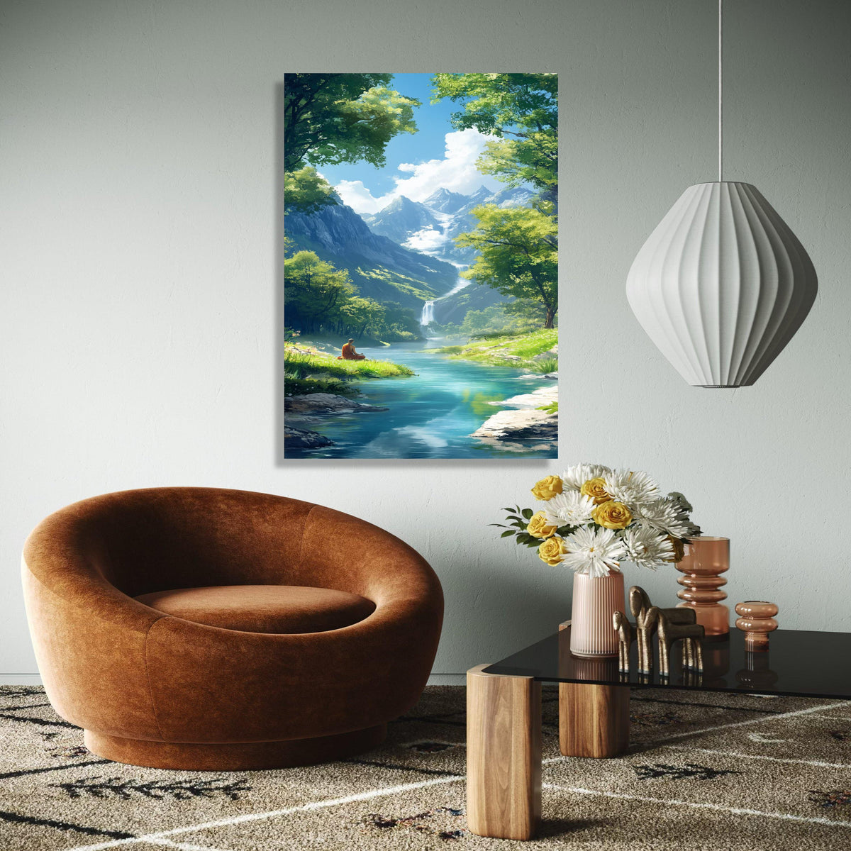 Tranquil Mountain Meditation Scene, Serene River Canvas, Waterfall Landscape Wall Art, Peaceful Nature Canvas, Gift Art, Home Decor, Print