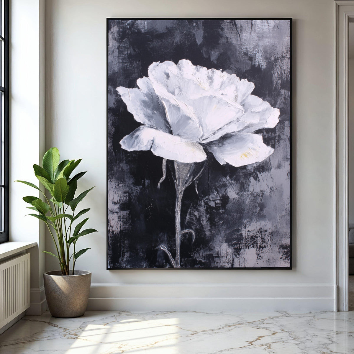 White Rose Canvas Wall Art, Floral Painting, Monochrome Flower Canvas, Modern Home Decoration, Abstract Bloom Gift Art, Home Decor, Print